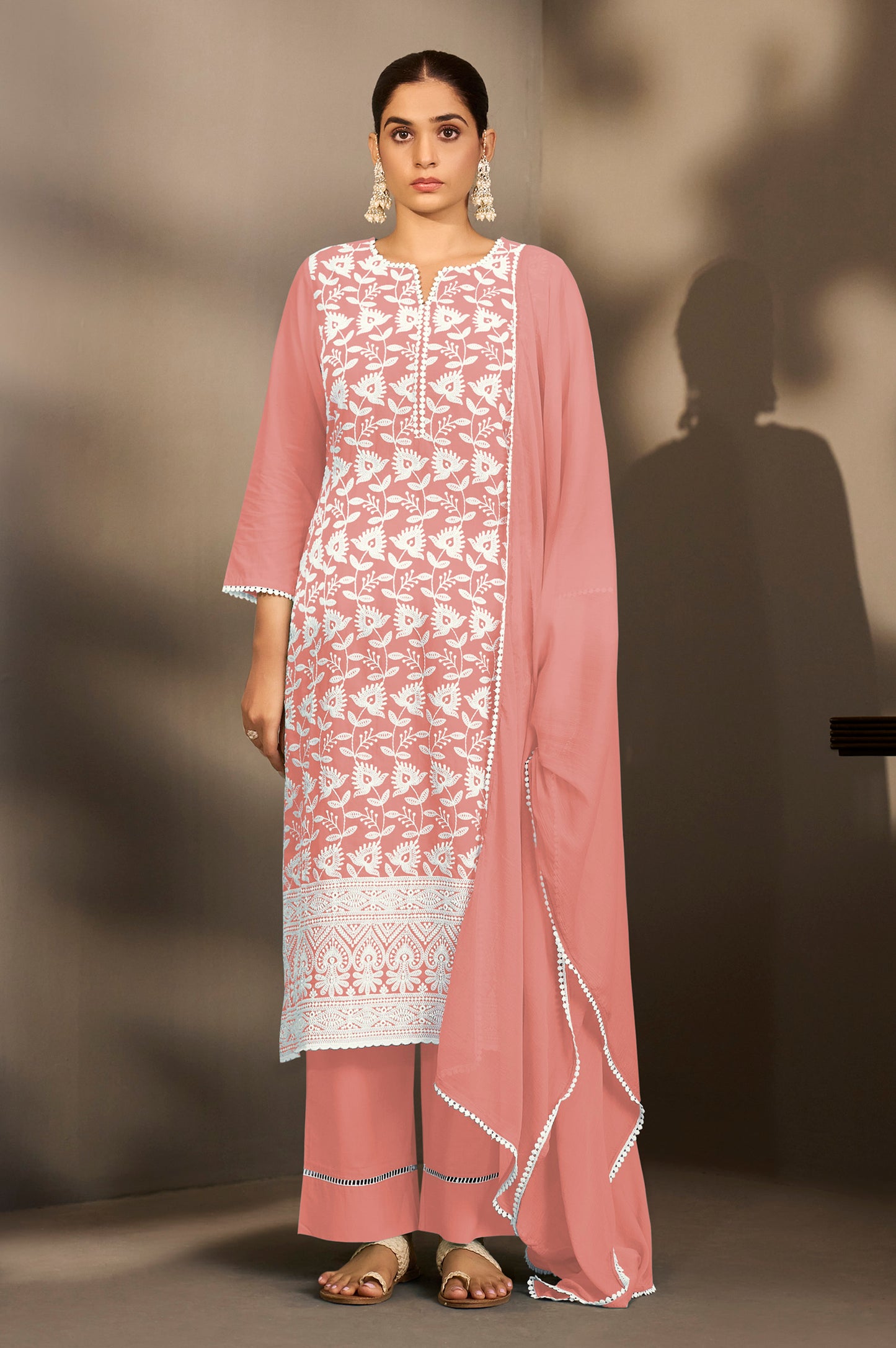 Peach Pure Cotton Schiffli Embroidered Straight Kurta Set with Cotton Pants, Inner & Najmin Chiffon Dupatta