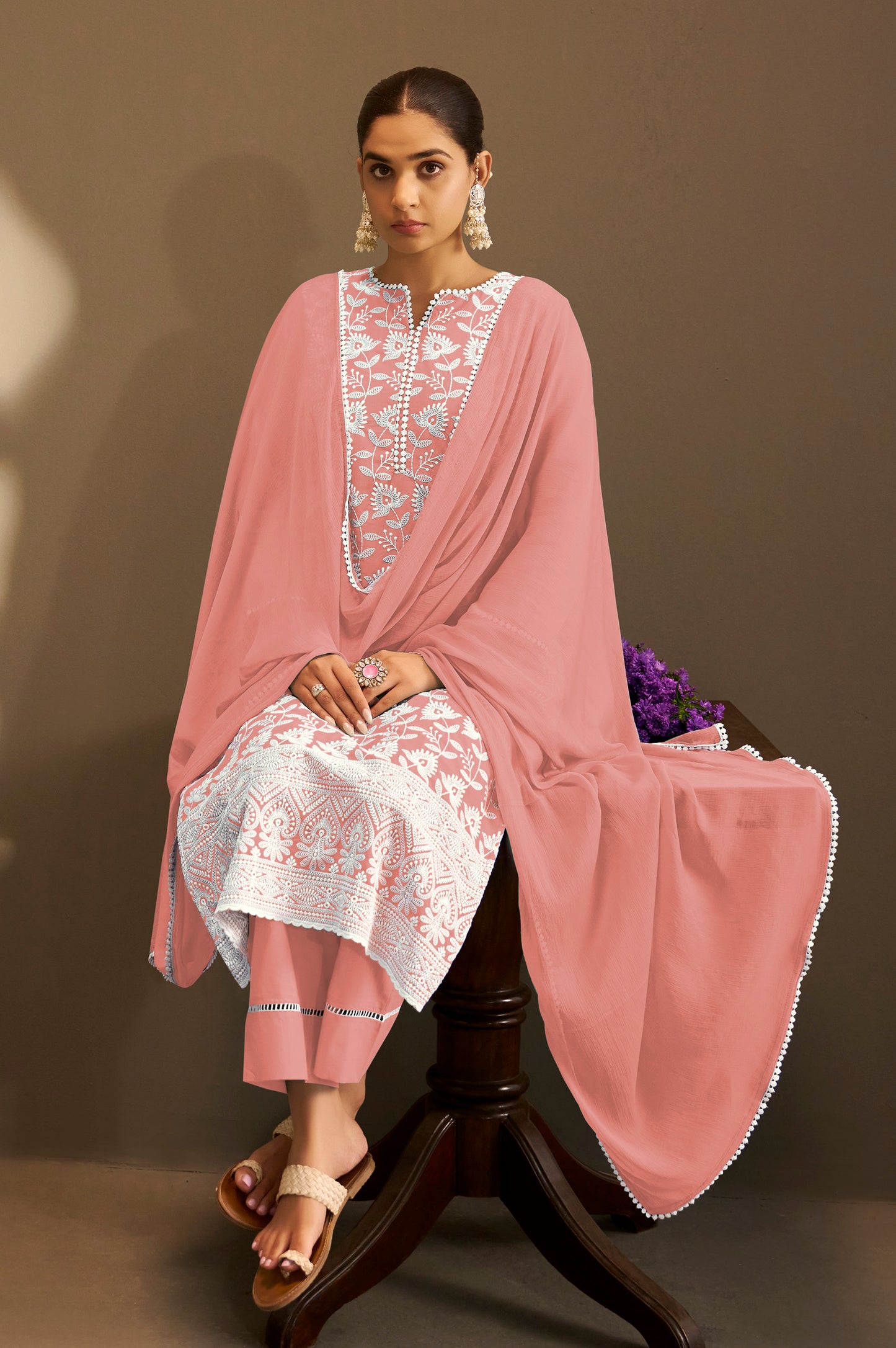 Peach Pure Cotton Schiffli Embroidered Straight Kurta Set with Cotton Pants, Inner & Najmin Chiffon Dupatta
