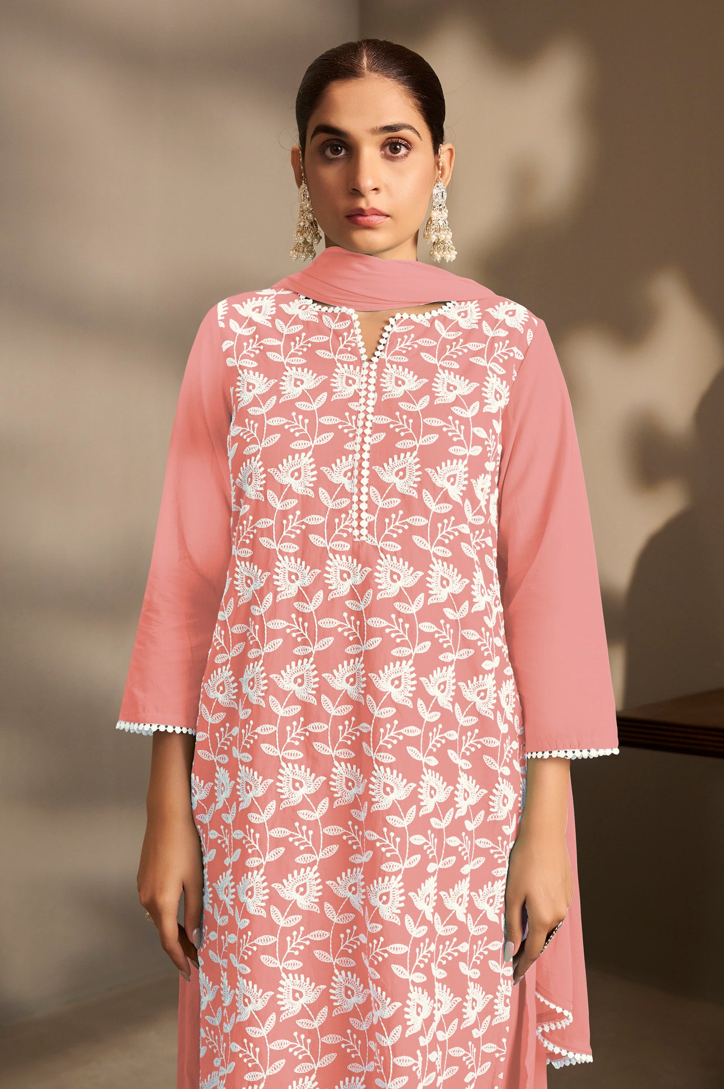 Peach Pure Cotton Schiffli Embroidered Straight Kurta Set with Cotton Pants, Inner & Najmin Chiffon Dupatta