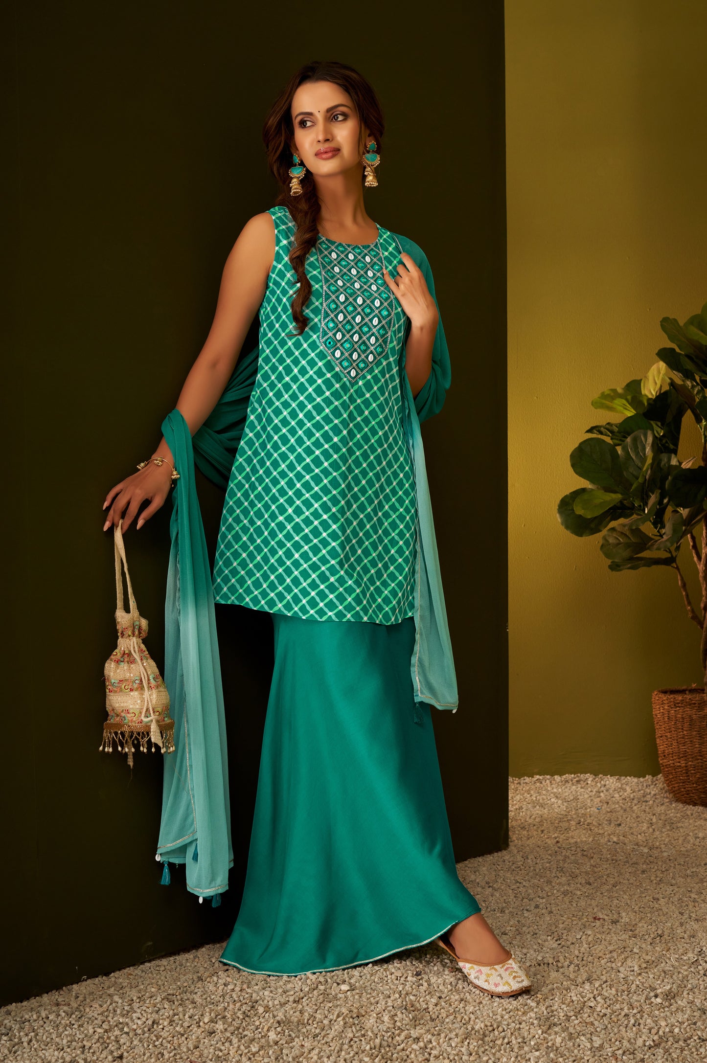 Rama Green Shell Work Kurta Palazzo and Dupatta Set