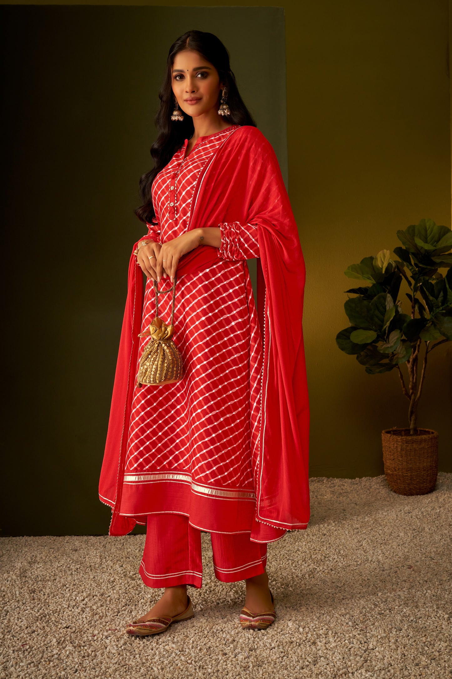 Crimson Red Checkered Gotta Patti Kurta Set
