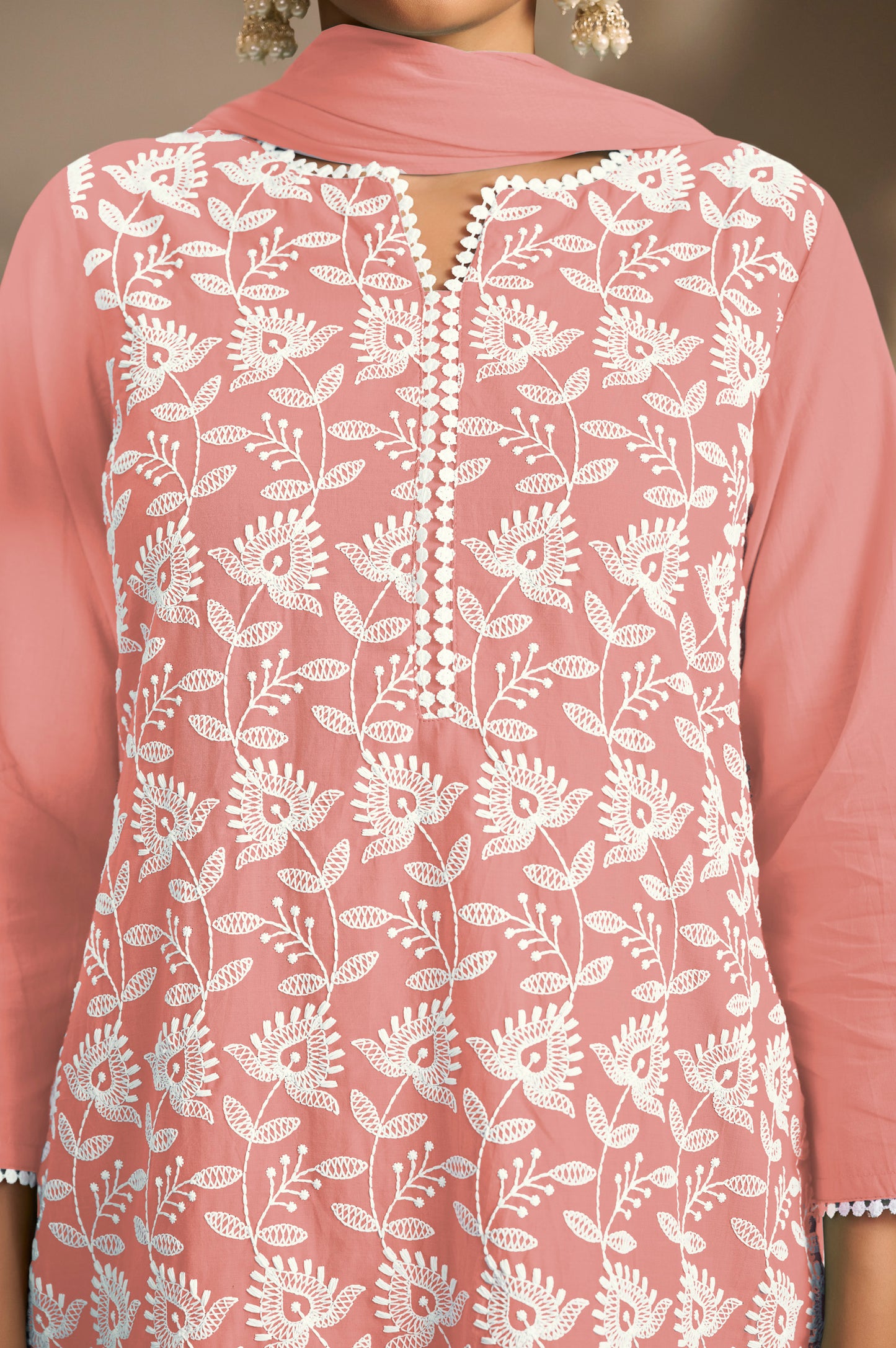 Peach Pure Cotton Schiffli Embroidered Straight Kurta Set with Cotton Pants, Inner & Najmin Chiffon Dupatta
