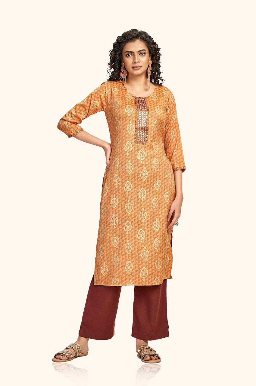Bright Orange Block Printed Kurta