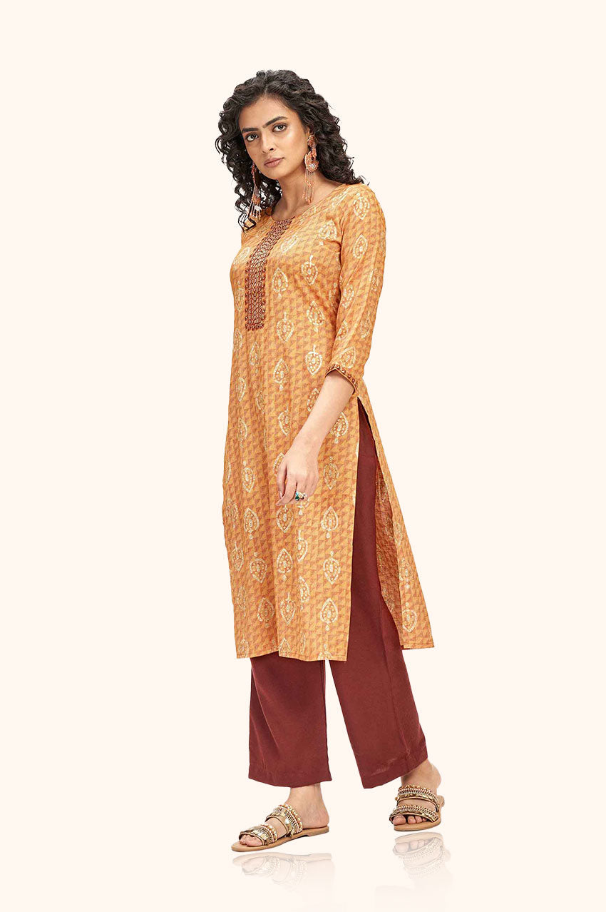 Bright Orange Block Printed Kurta