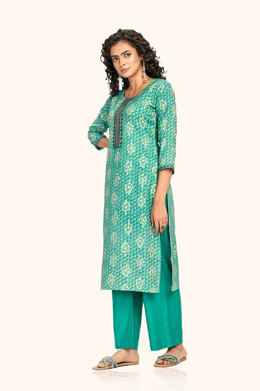 Green Block Printed Kurta