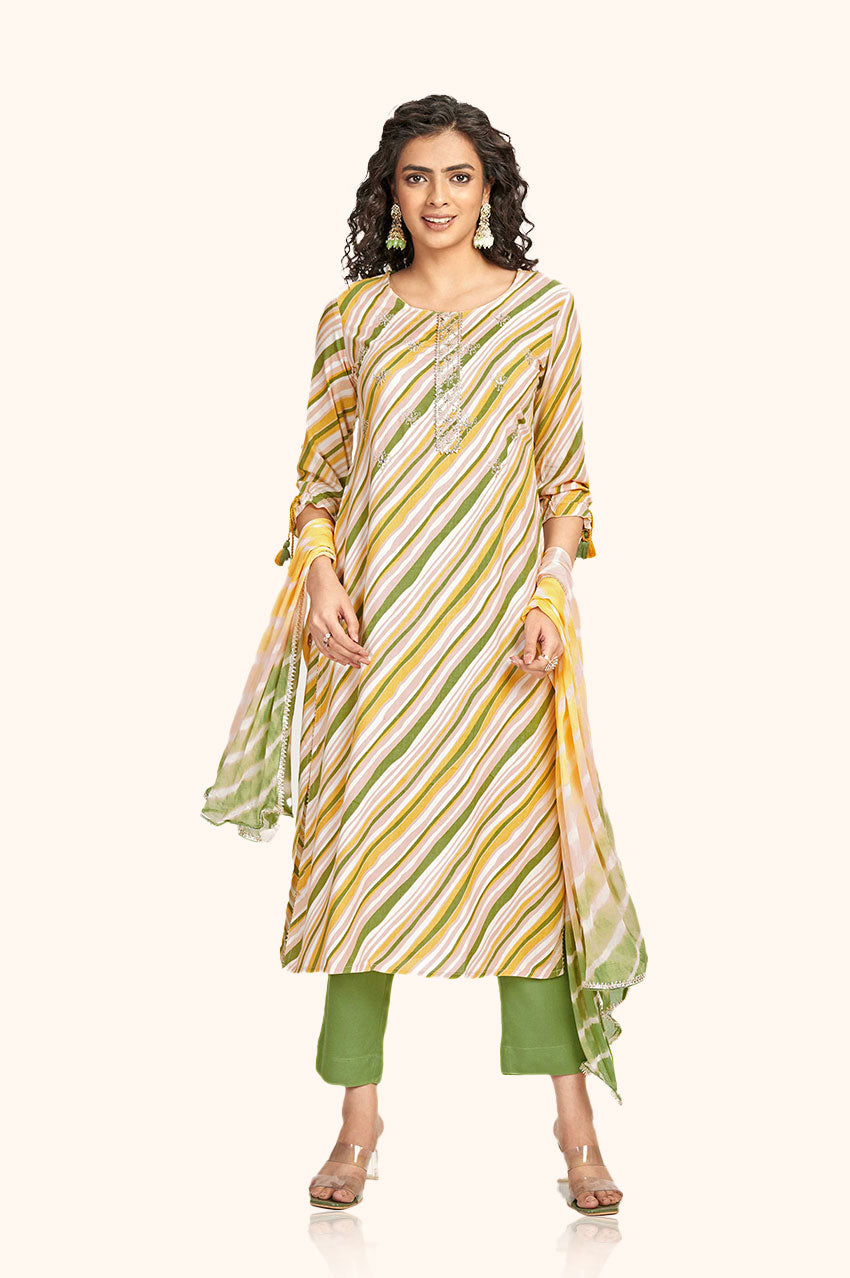 Green Rayon Embroidered Kurta Pant Set With Dupatta
