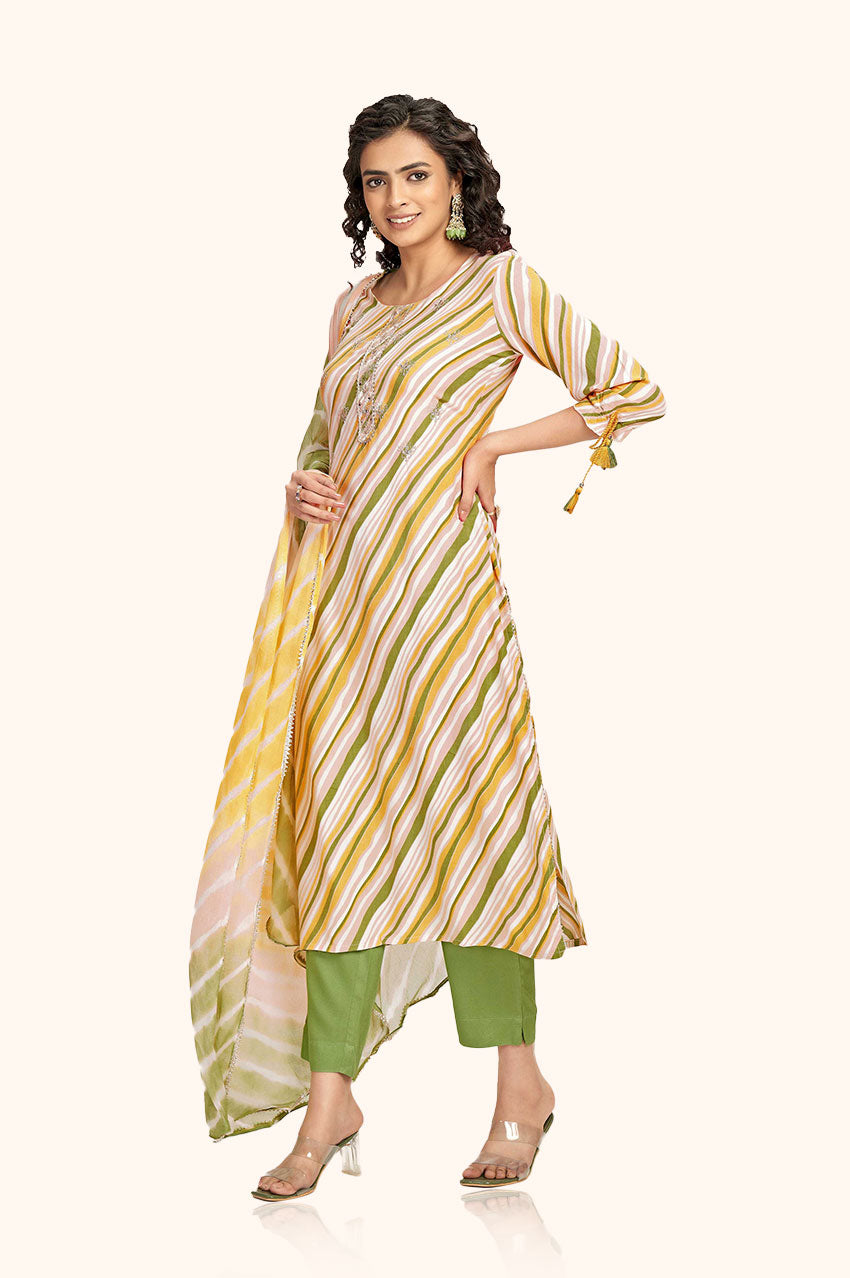 Green Rayon Embroidered Kurta Pant Set With Dupatta