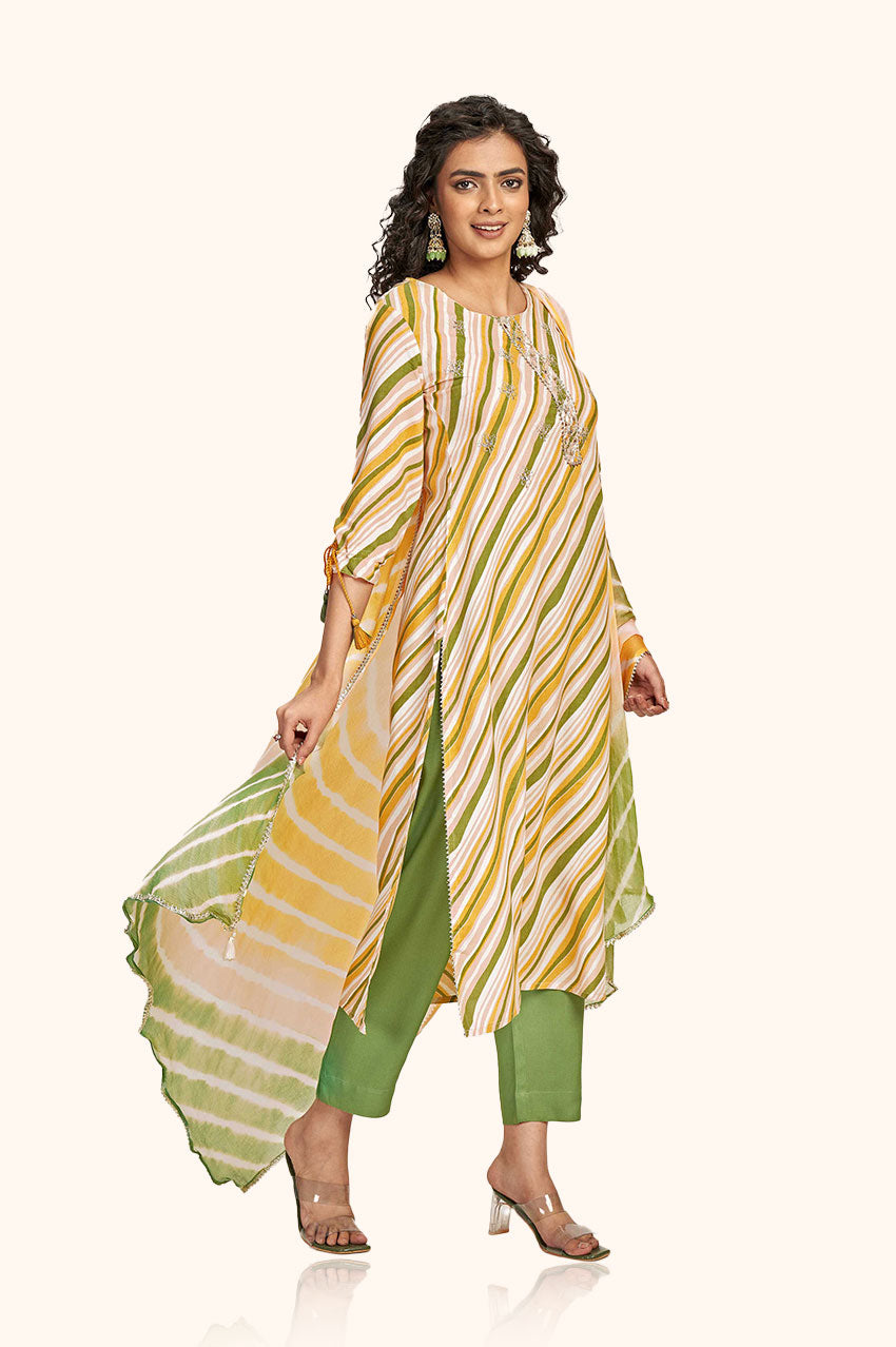 Green Rayon Embroidered Kurta Pant Set With Dupatta