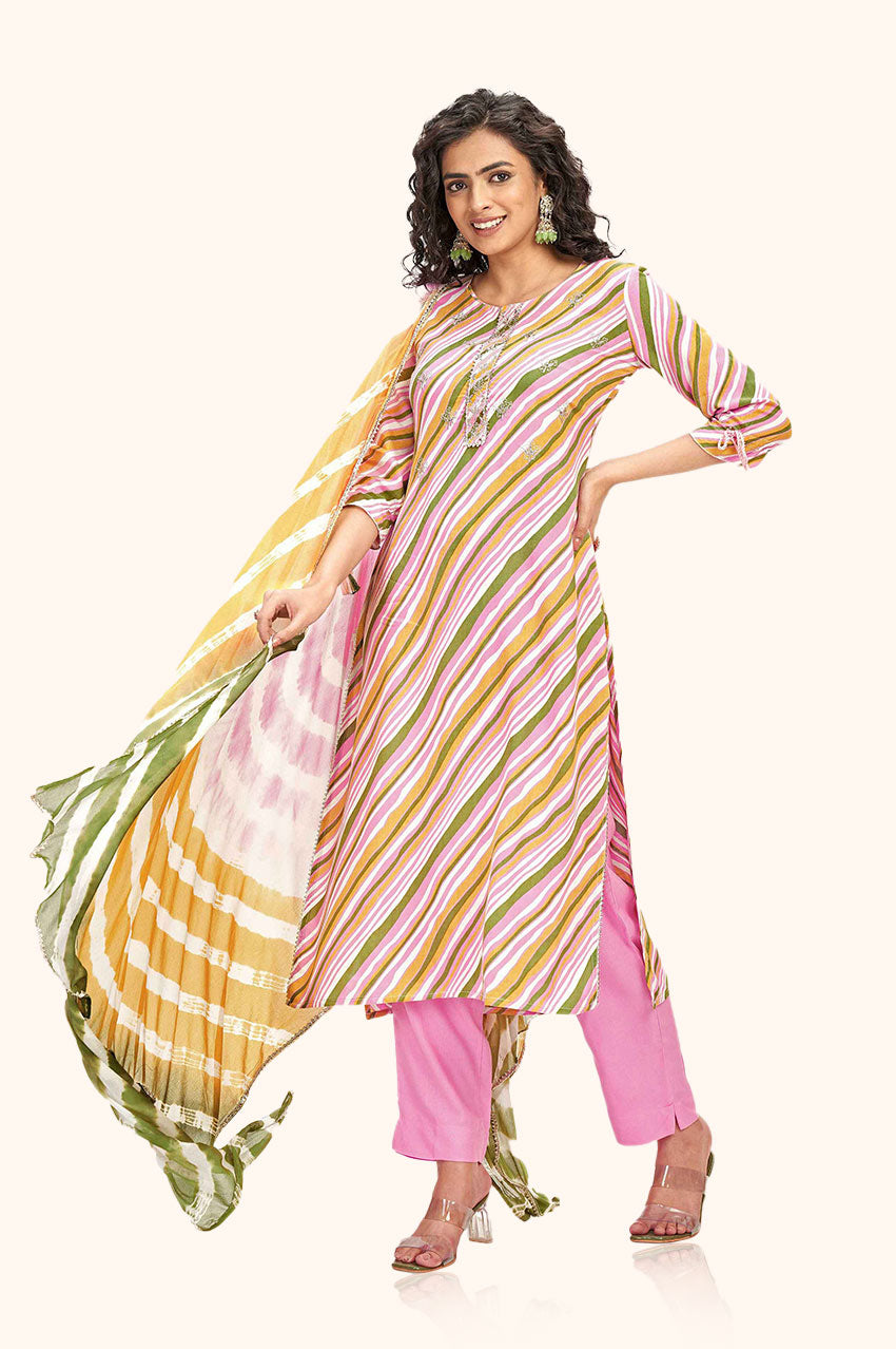 Pink Rayon Embroidered Kurta Pant Set with Dupatta