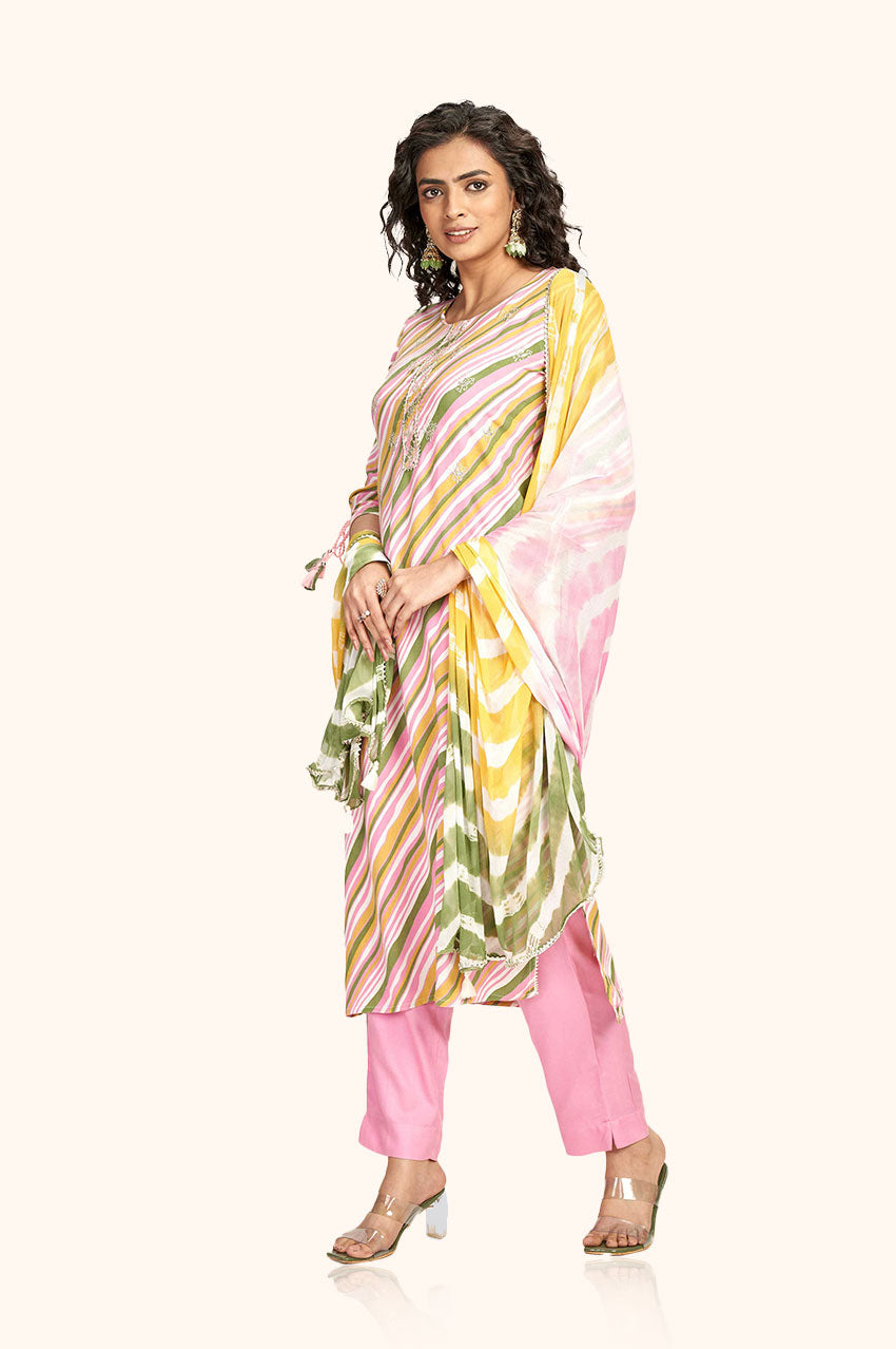 Pink Rayon Embroidered Kurta Pant Set with Dupatta