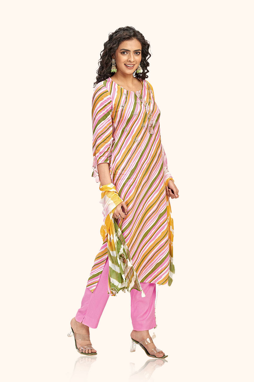 Pink Rayon Embroidered Kurta Pant Set with Dupatta