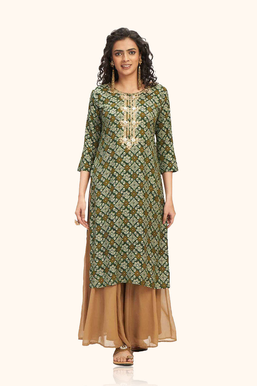 Green Bandhej Kurta