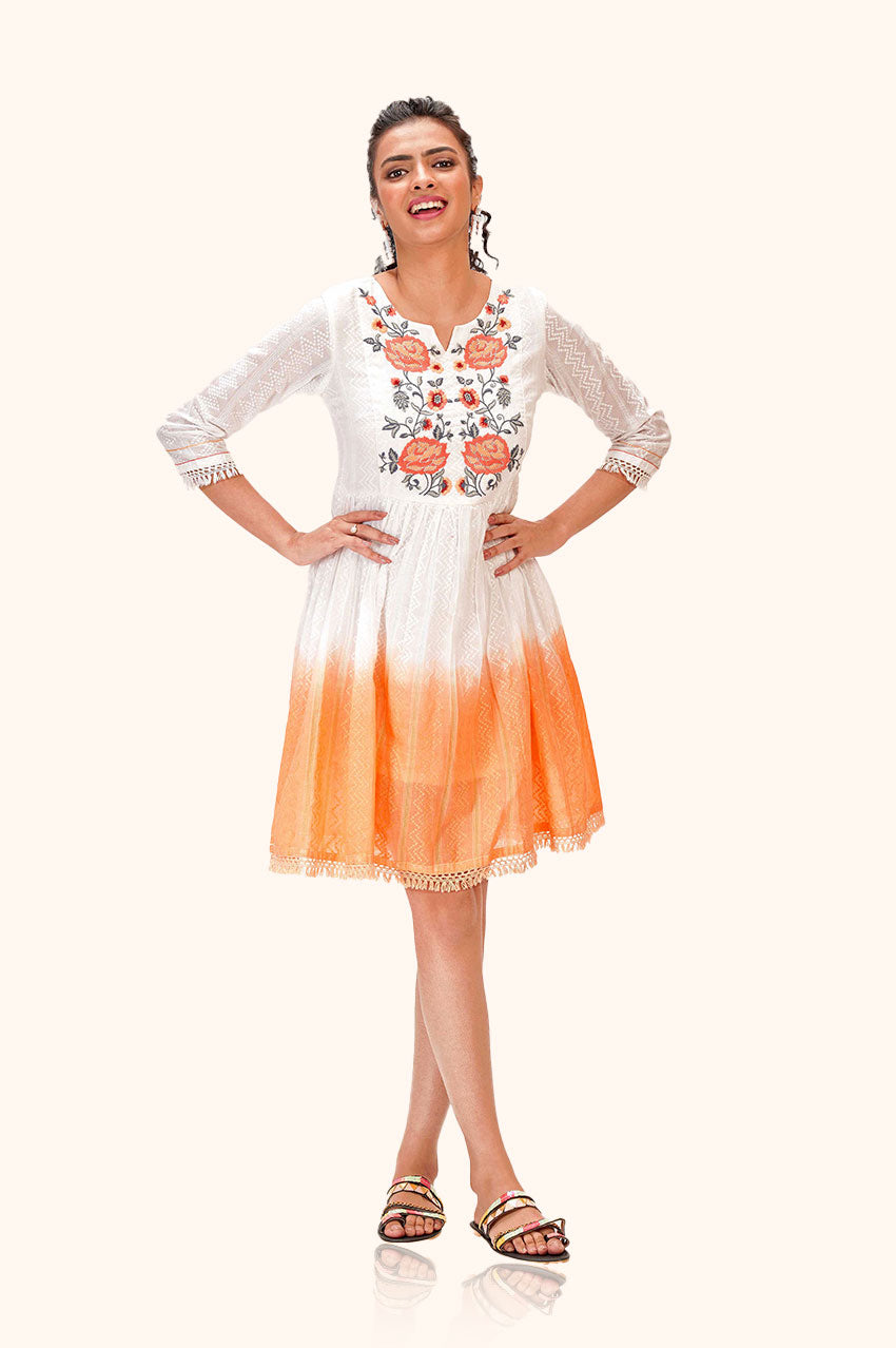 Orange and White A-line Dress