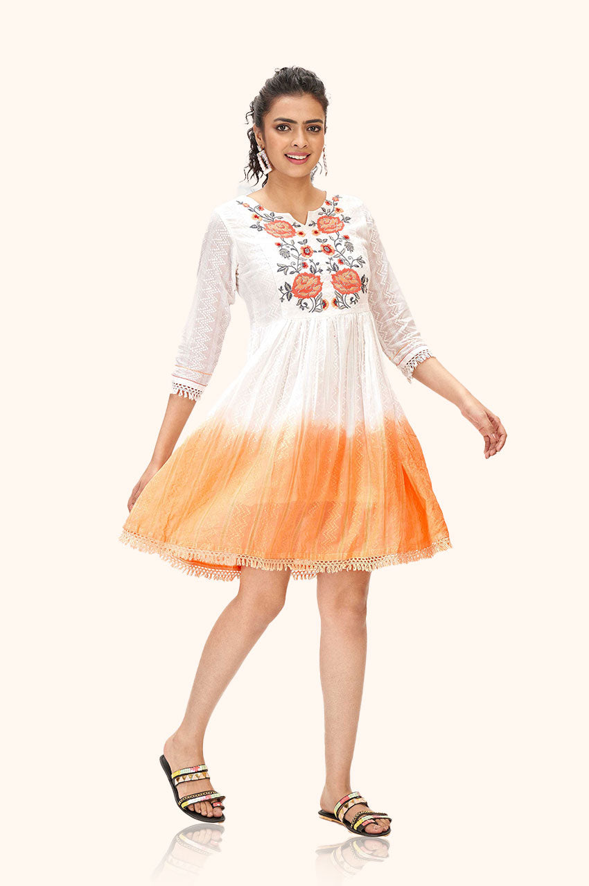 Orange and White A-line Dress