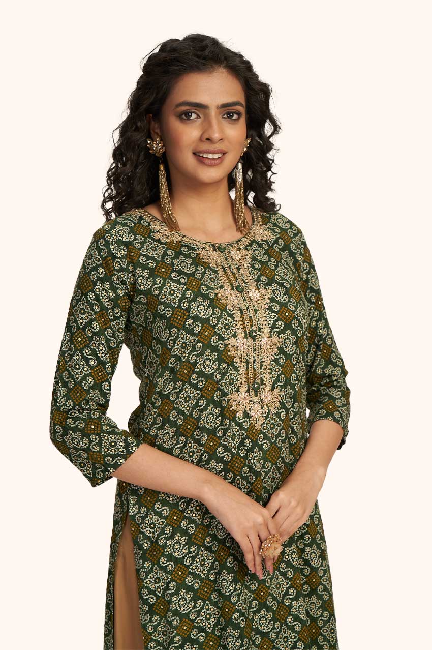 Green Bandhej Kurta