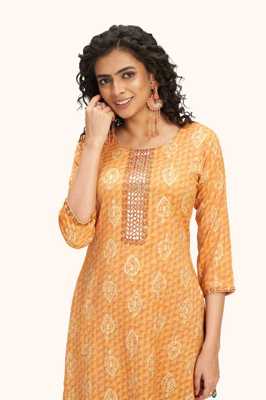 Bright Orange Block Printed Kurta