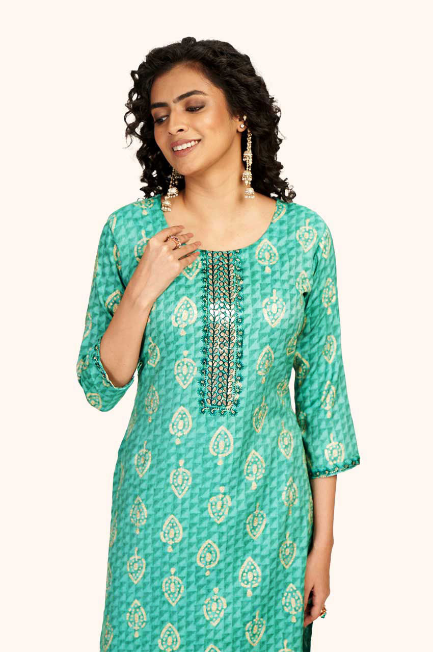 Green Block Printed Kurta