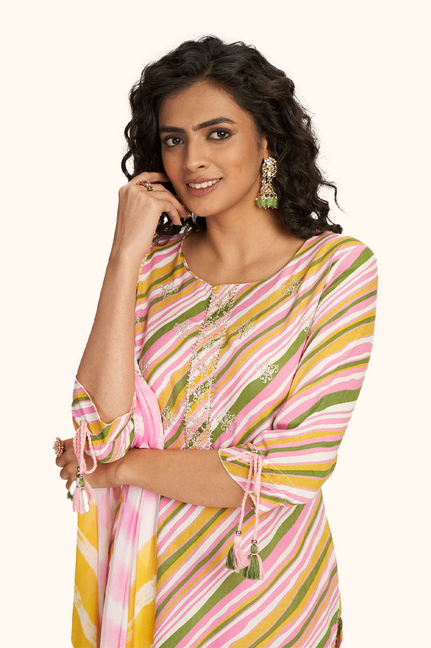 Pink Rayon Embroidered Kurta Pant Set with Dupatta