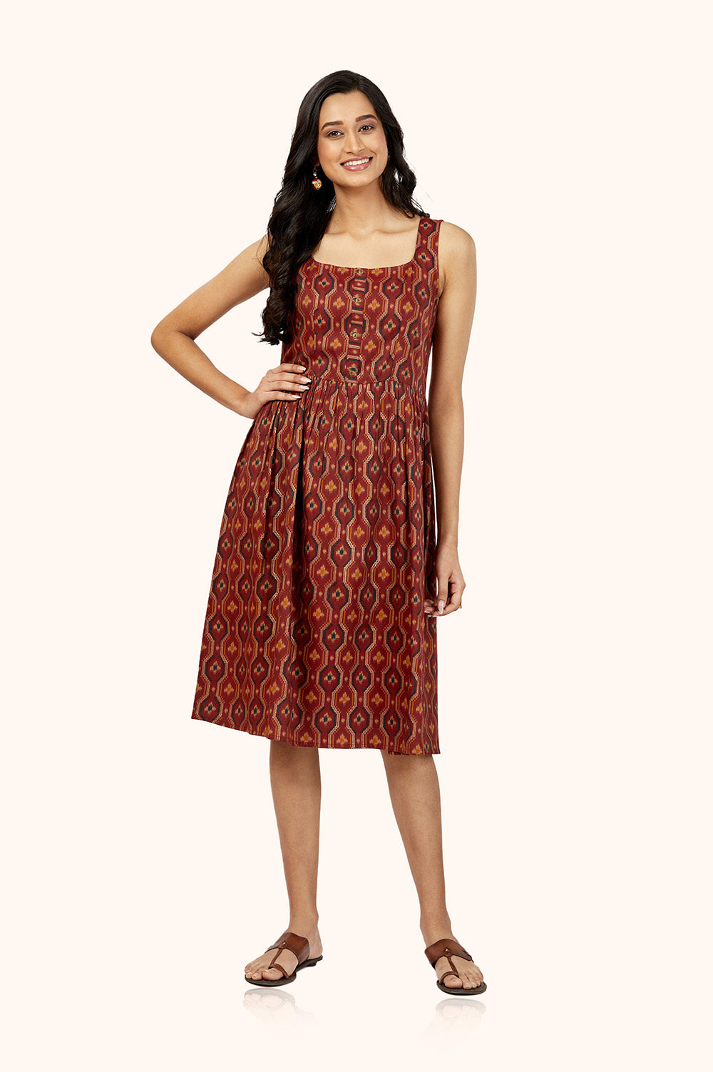 Soft Brown Foil Print Midi Dress