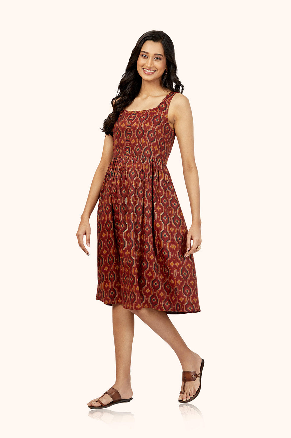 Soft Brown Foil Print Midi Dress