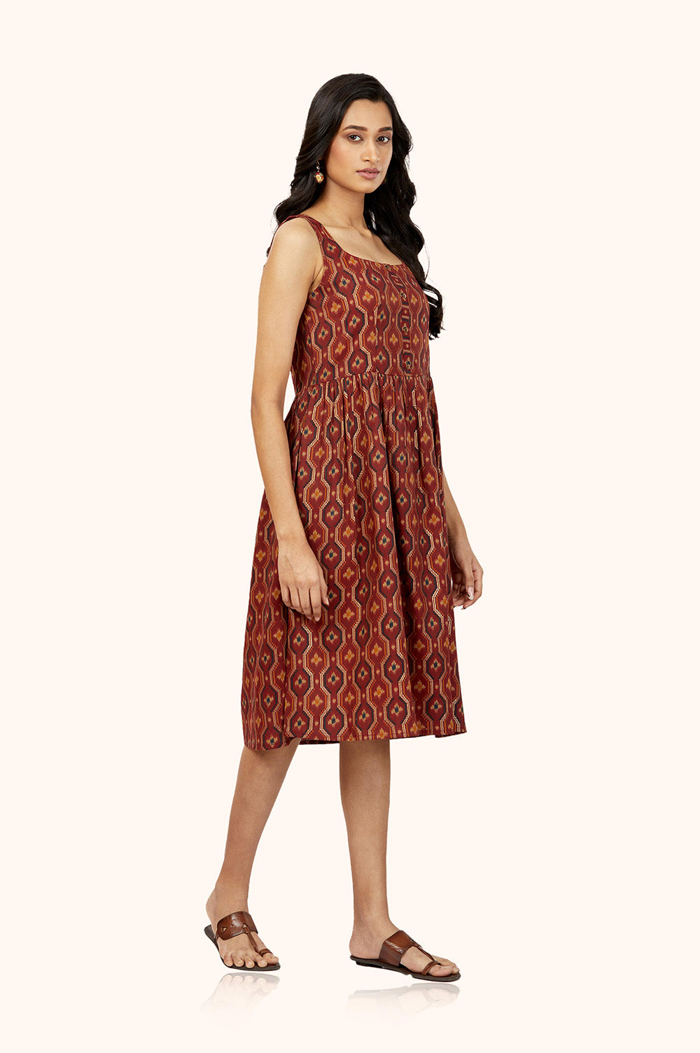 Soft Brown Foil Print Midi Dress