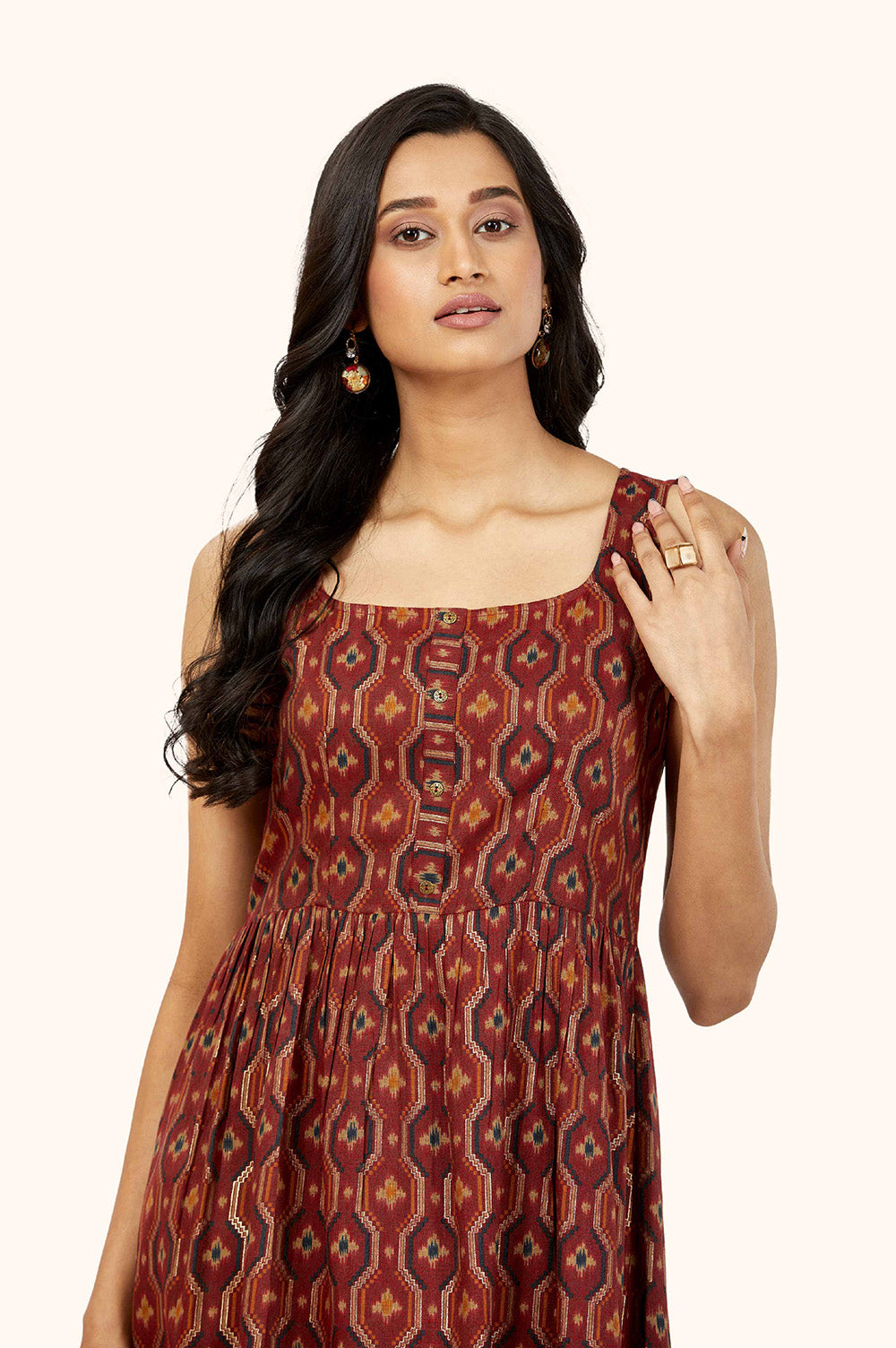 Soft Brown Foil Print Midi Dress