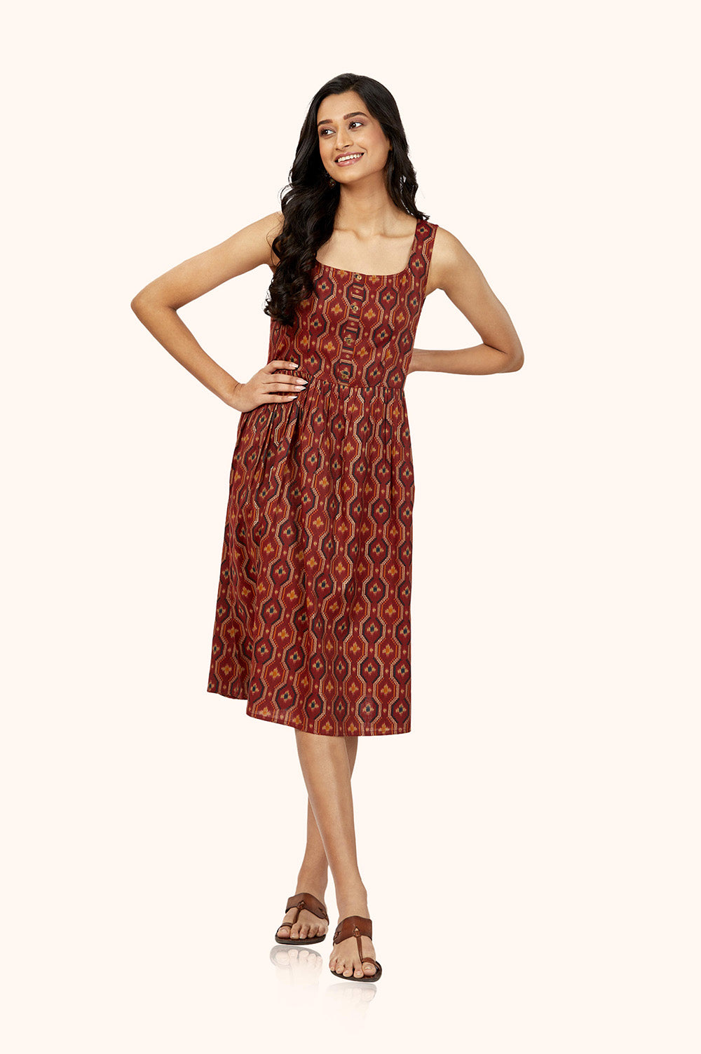 Soft Brown Foil Print Midi Dress