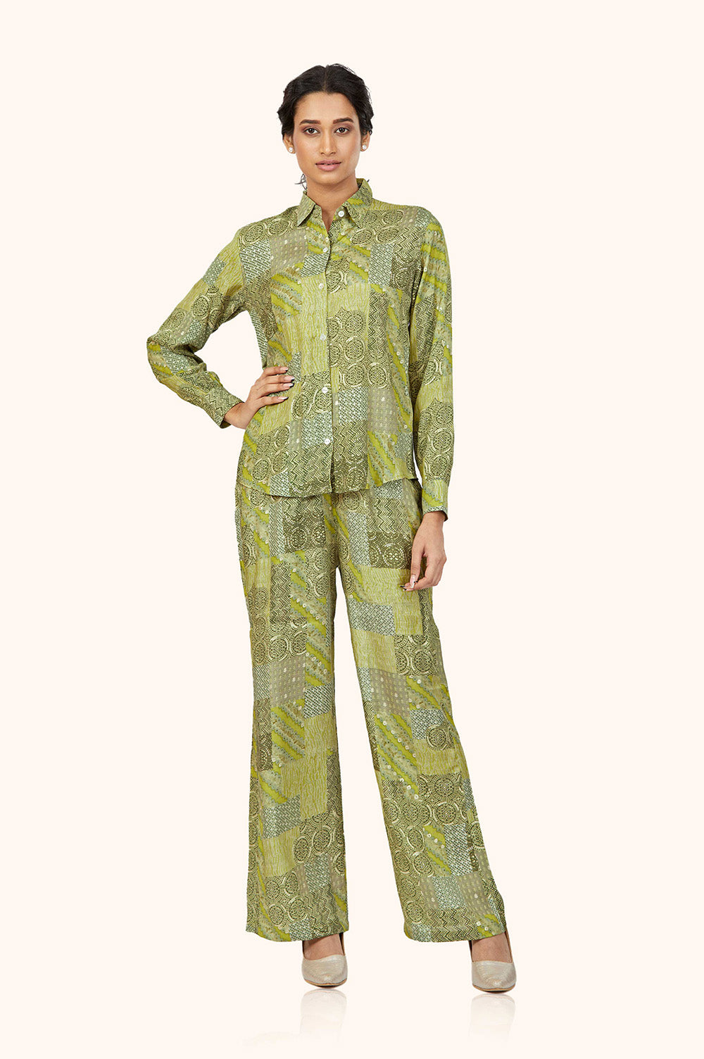Green Foil Print Rayon Shirt-Pant Co-ord