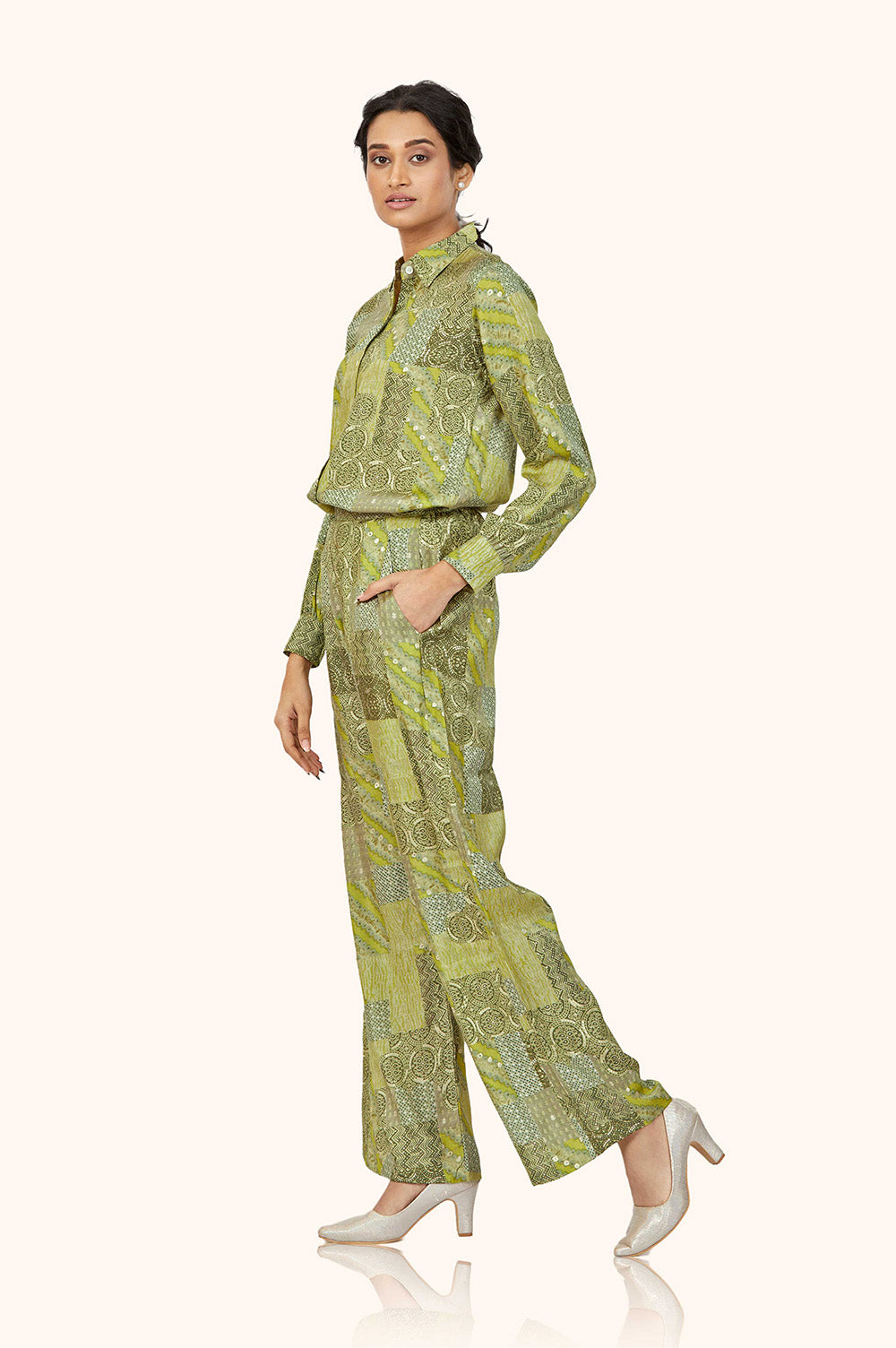 Green Foil Print Rayon Shirt-Pant Co-ord