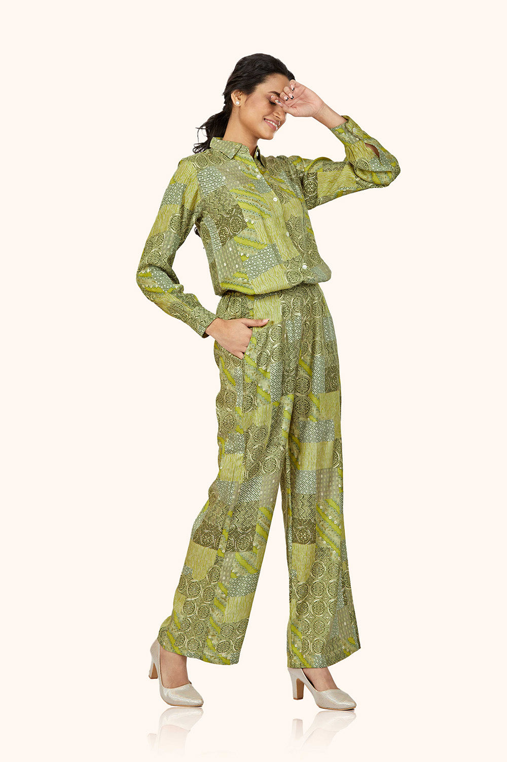 Green Foil Print Rayon Shirt-Pant Co-ord
