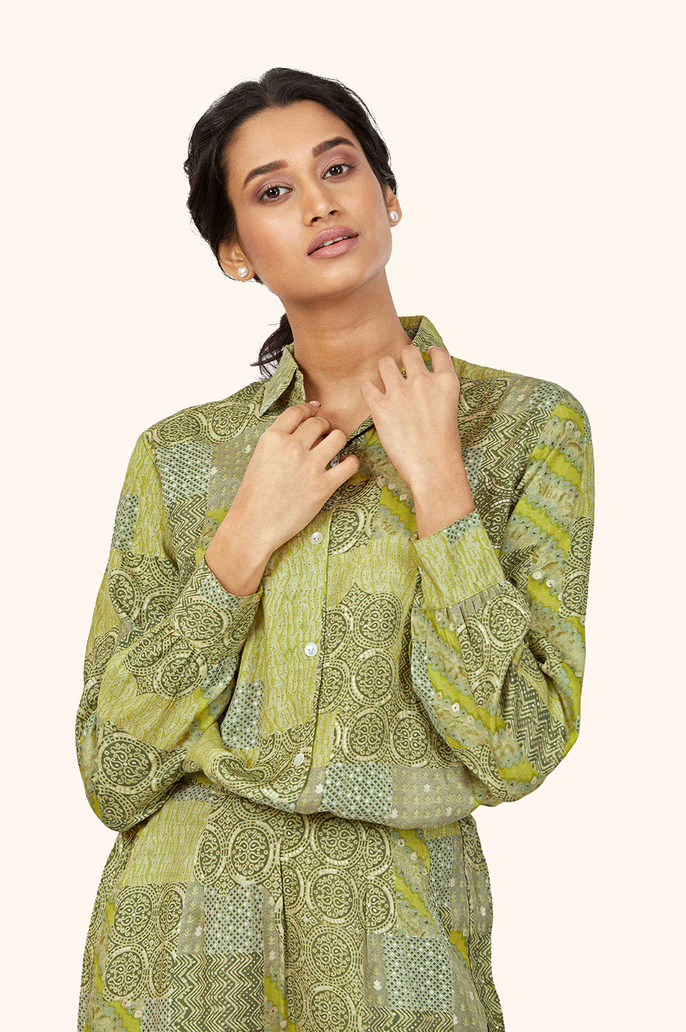 Green Foil Print Rayon Shirt-Pant Co-ord