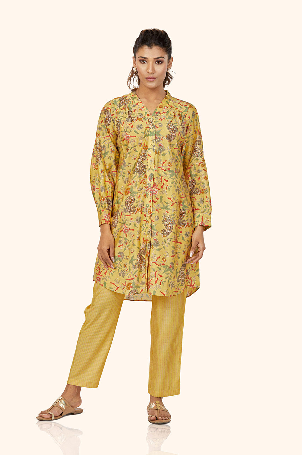 Yellow Foil Print Chanderi Co-ord Set