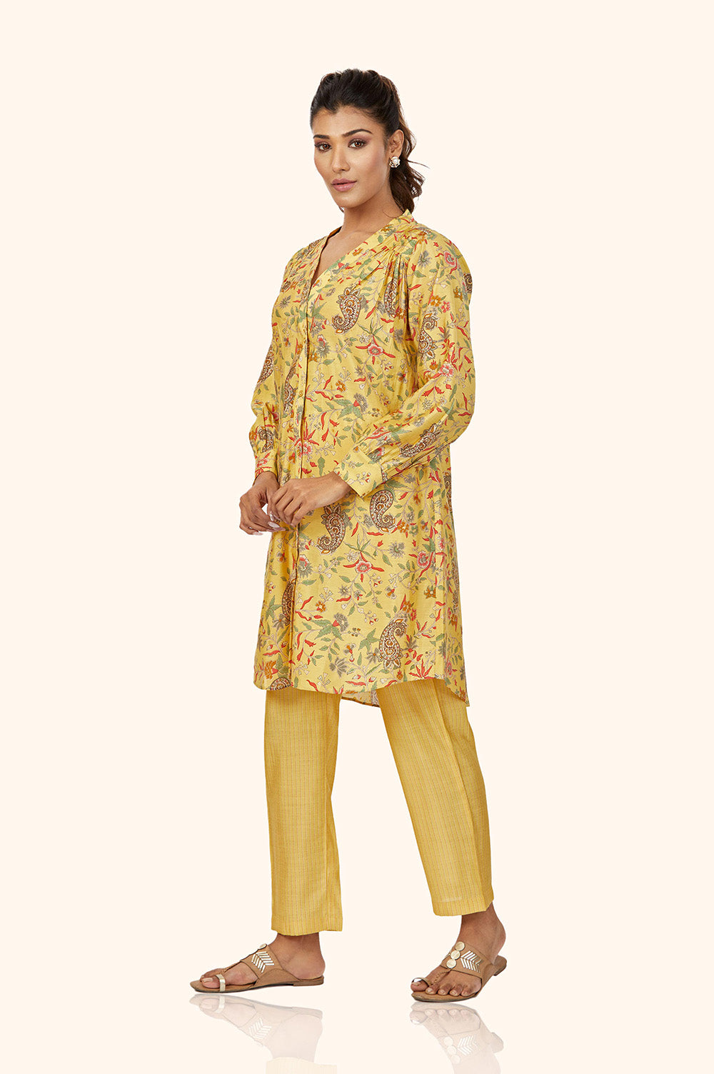 Yellow Foil Print Chanderi Co-ord Set
