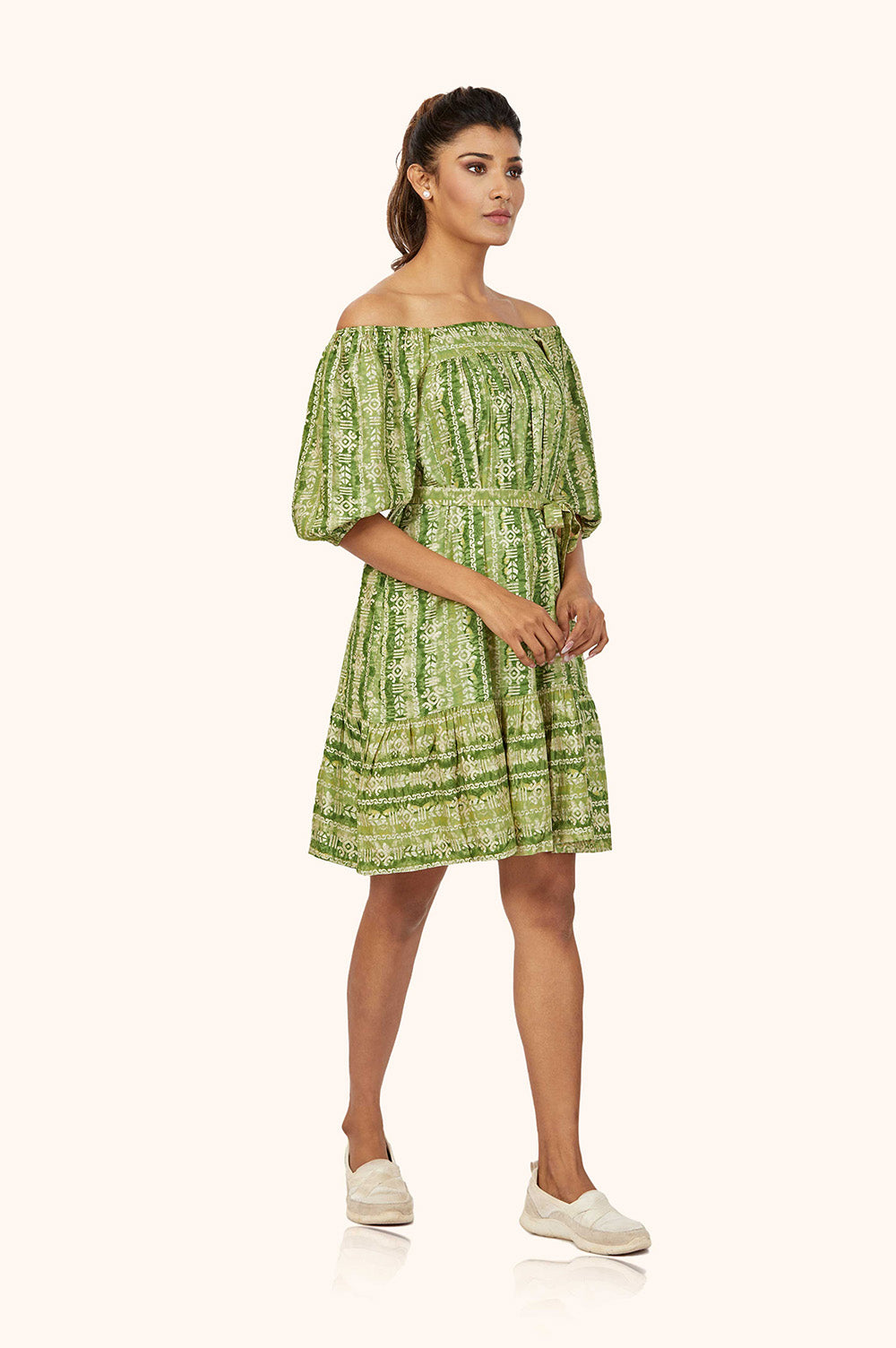 Green Rayon Off-Shoulder Dress