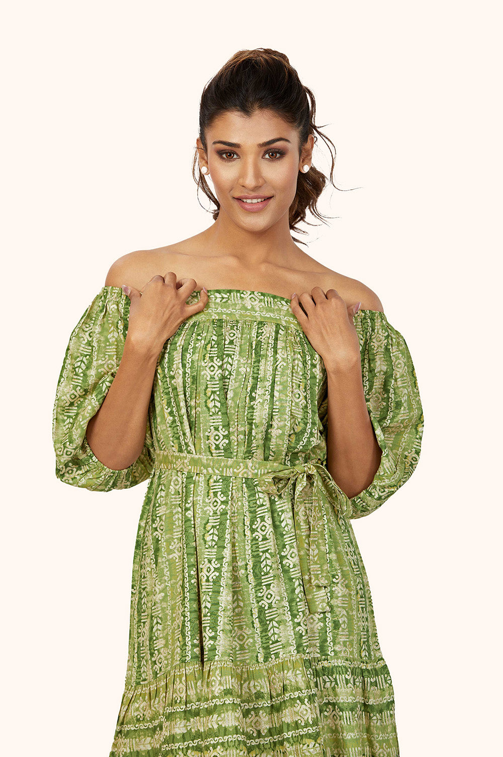 Green Rayon Off-Shoulder Dress