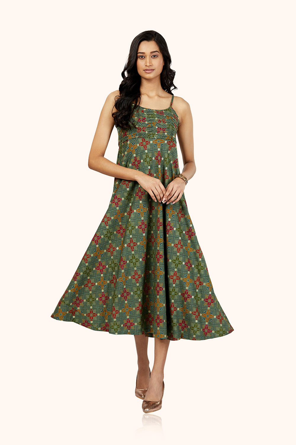 Earthy Green Foil Print Midi Dress