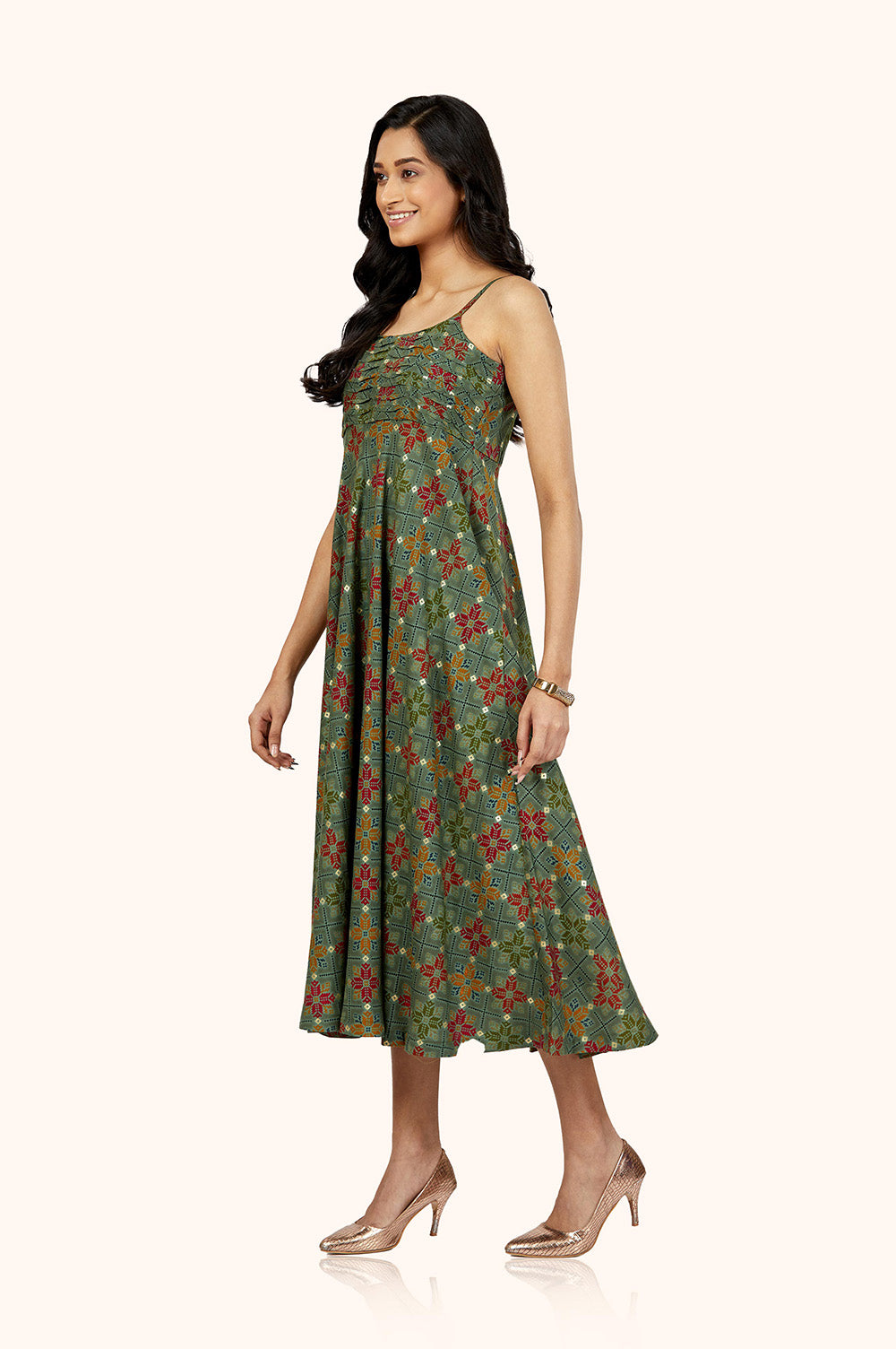 Earthy Green Foil Print Midi Dress
