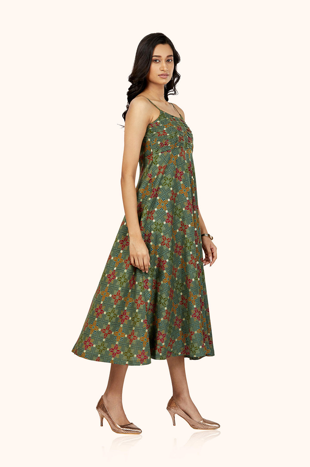 Earthy Green Foil Print Midi Dress