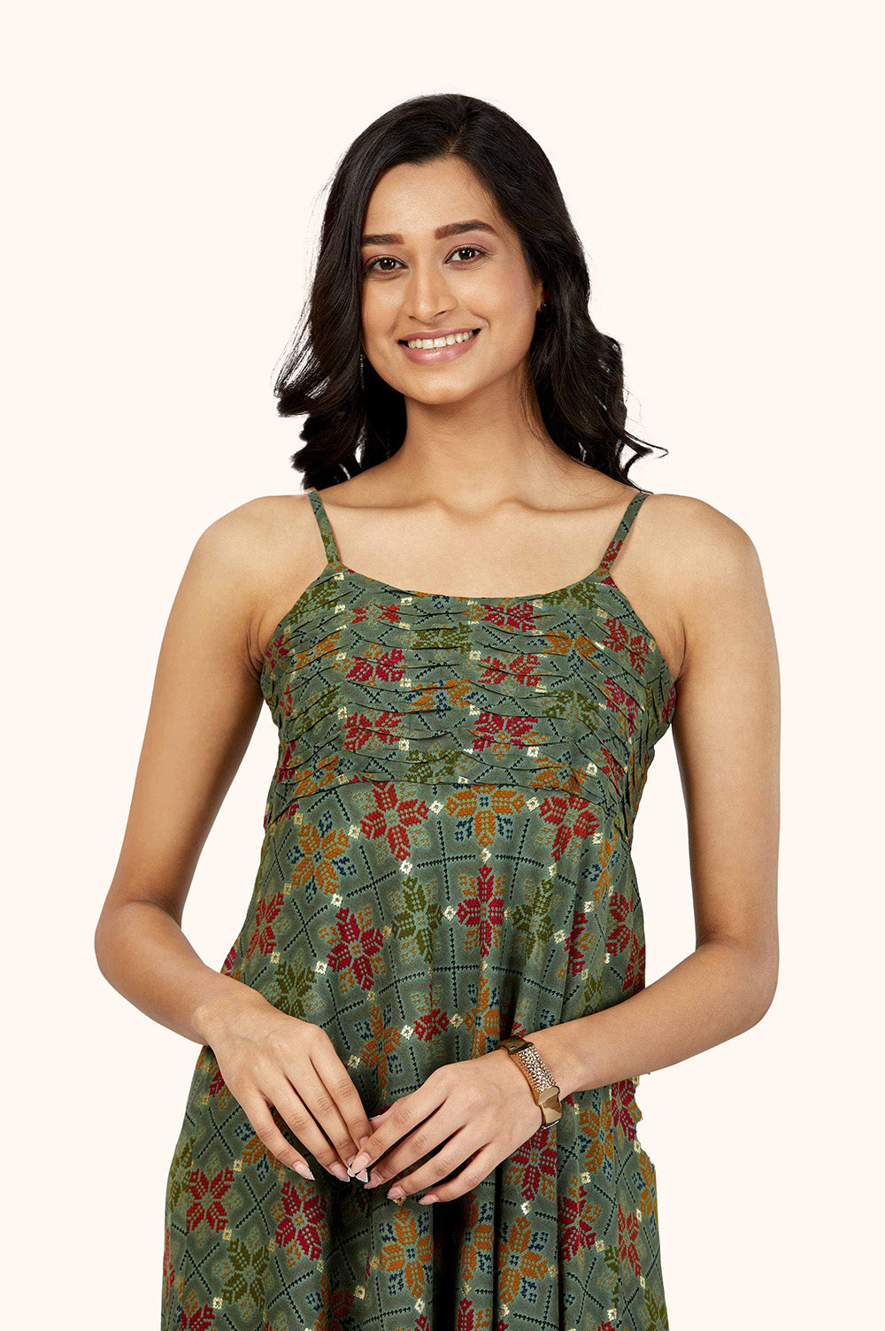 Earthy Green Foil Print Midi Dress