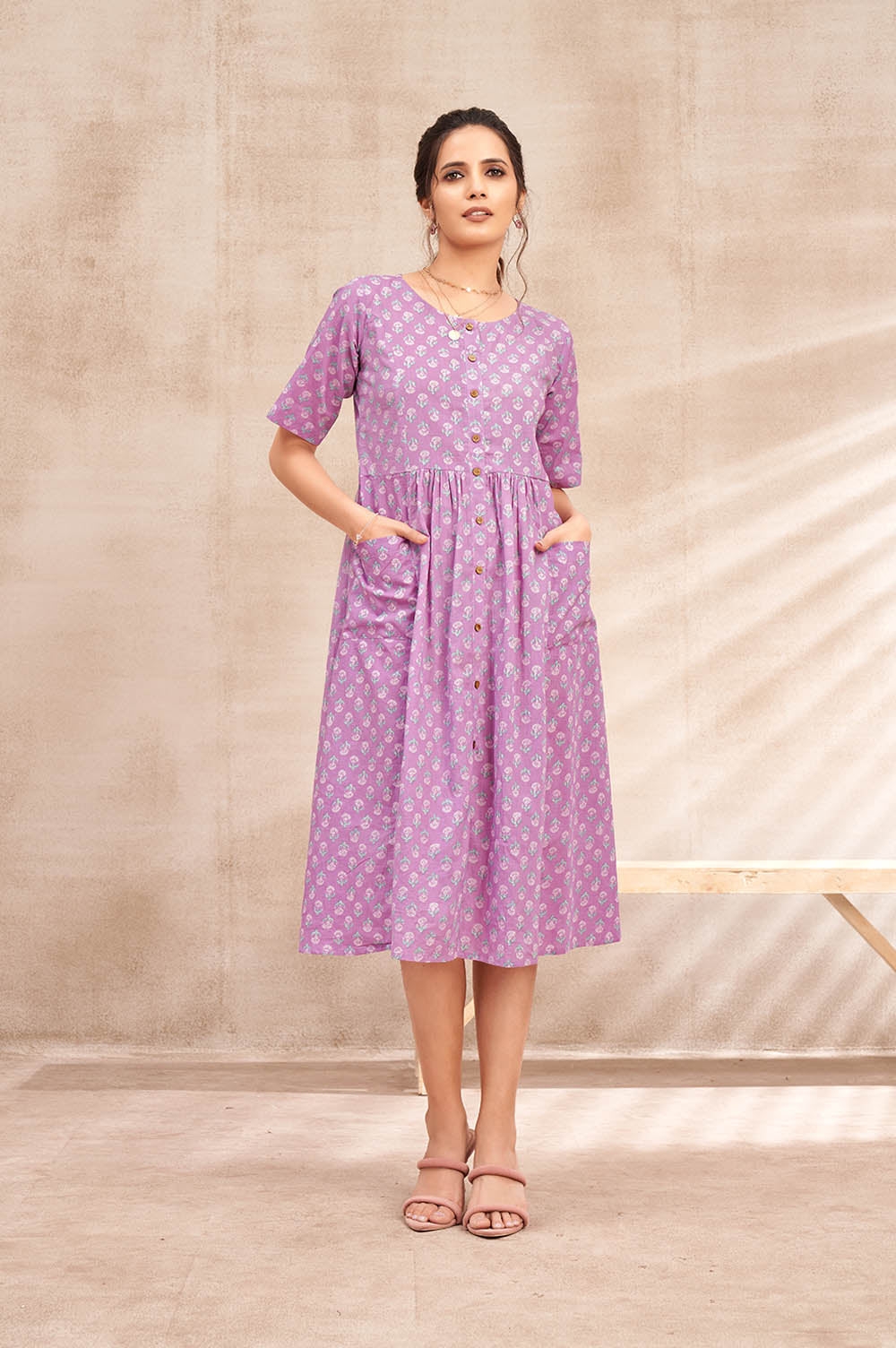Cotton Button-Down Lavender Short Dress