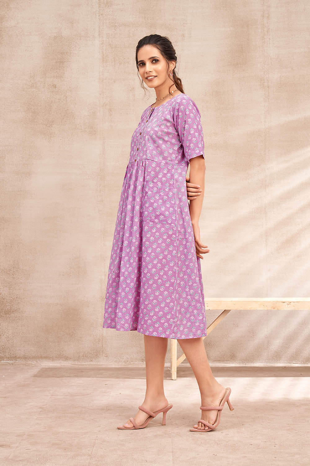 Cotton Button-Down Lavender Short Dress