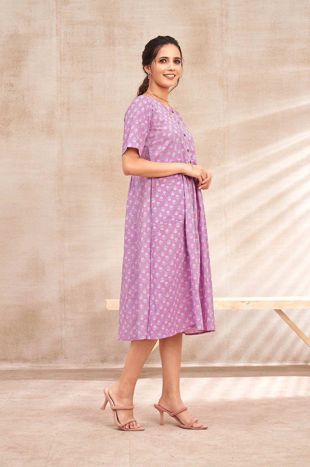 Cotton Button-Down Lavender Short Dress