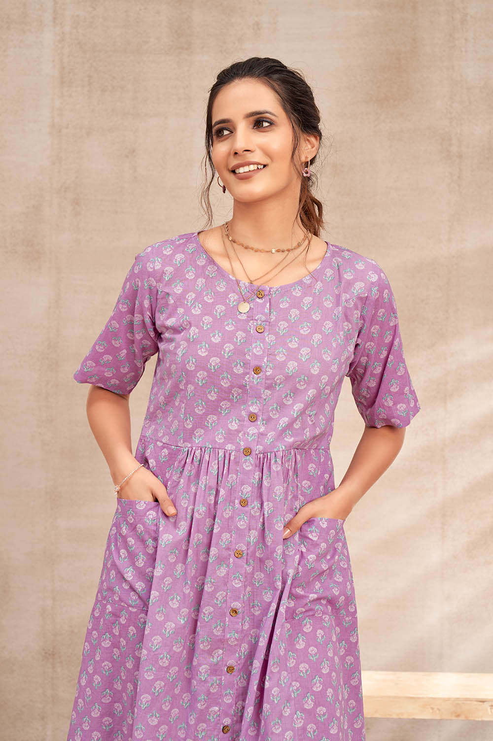 Cotton Button-Down Lavender Short Dress