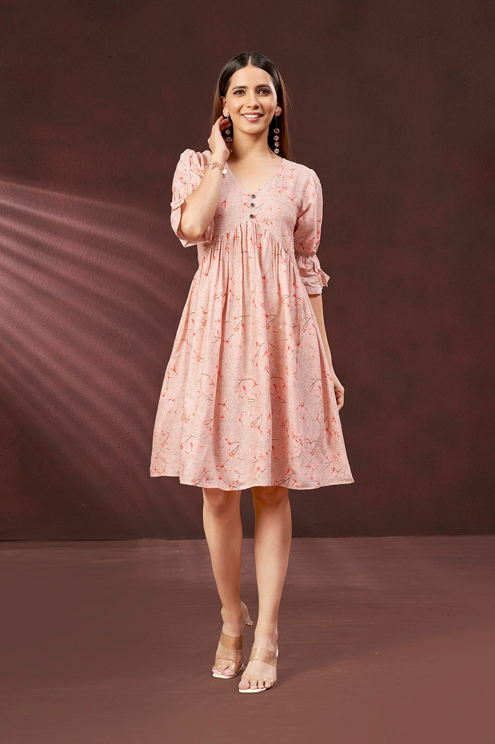 Muslin Pastel Peach V-Neck Short Dress