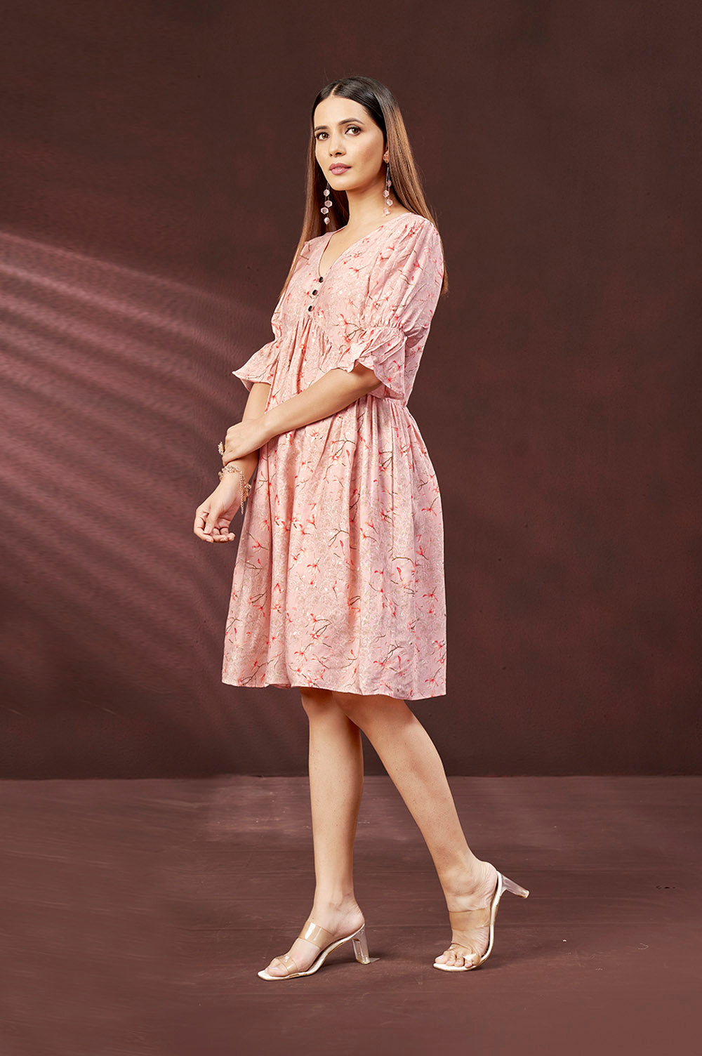 Muslin Pastel Peach V-Neck Short Dress
