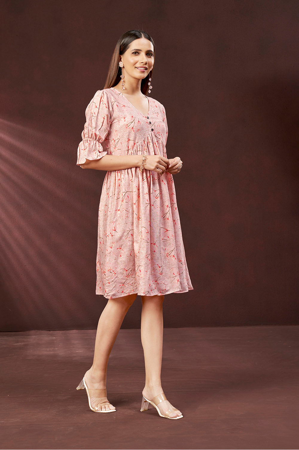Muslin Pastel Peach V-Neck Short Dress