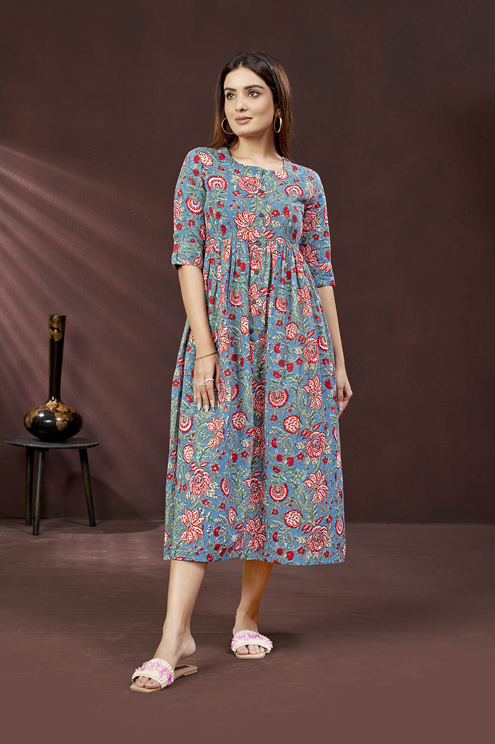 Cotton Button-Down Blue Long Dress