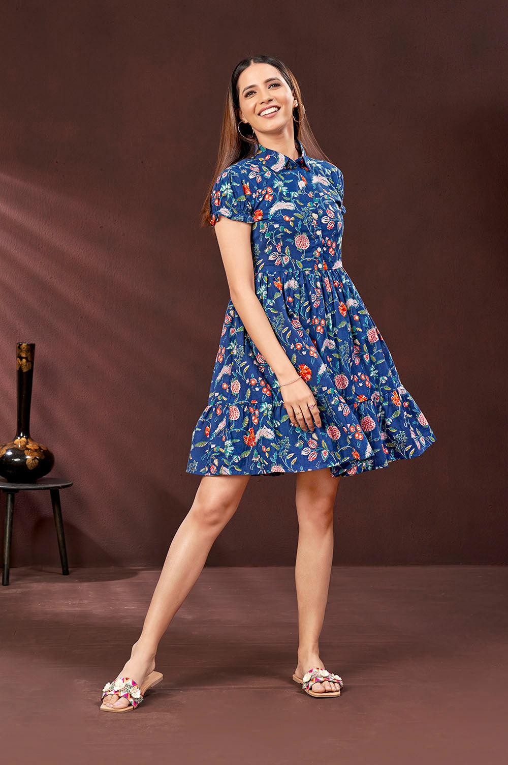 Cotton Button-Down Blue Short Dress