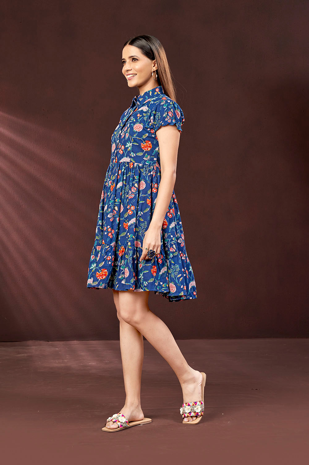 Cotton Button-Down Blue Short Dress