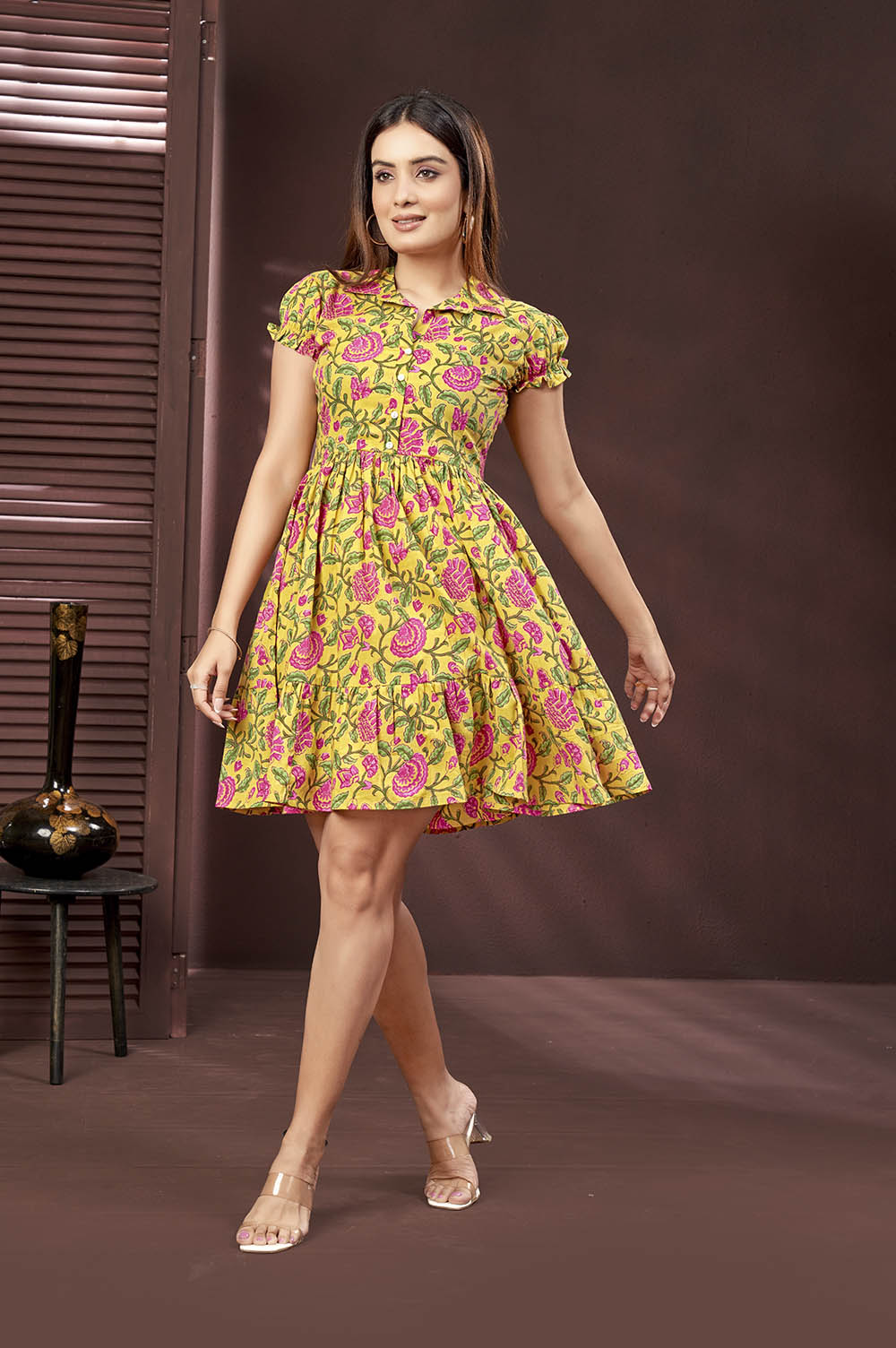 Yellow Floral Short Dress
